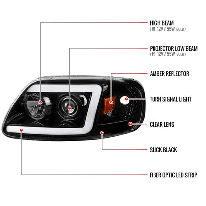 1997-2004 Ford F-150 / 1997-2002 Expedition LED C-Bar Projector Headlights (Jet Black Housing/Clear Lens)