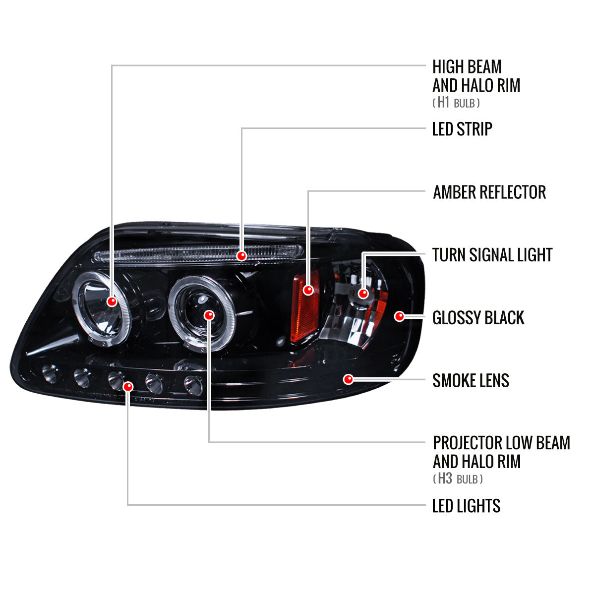 1997-2004 Ford F-150 / 1997-2002 Expedition Dual Halo Projector Headlights (Glossy Black Housing/Smoked Lens)