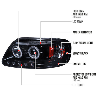 1997-2004 Ford F-150 / 1997-2002 Expedition Dual Halo Projector Headlights (Glossy Black Housing/Smoked Lens)