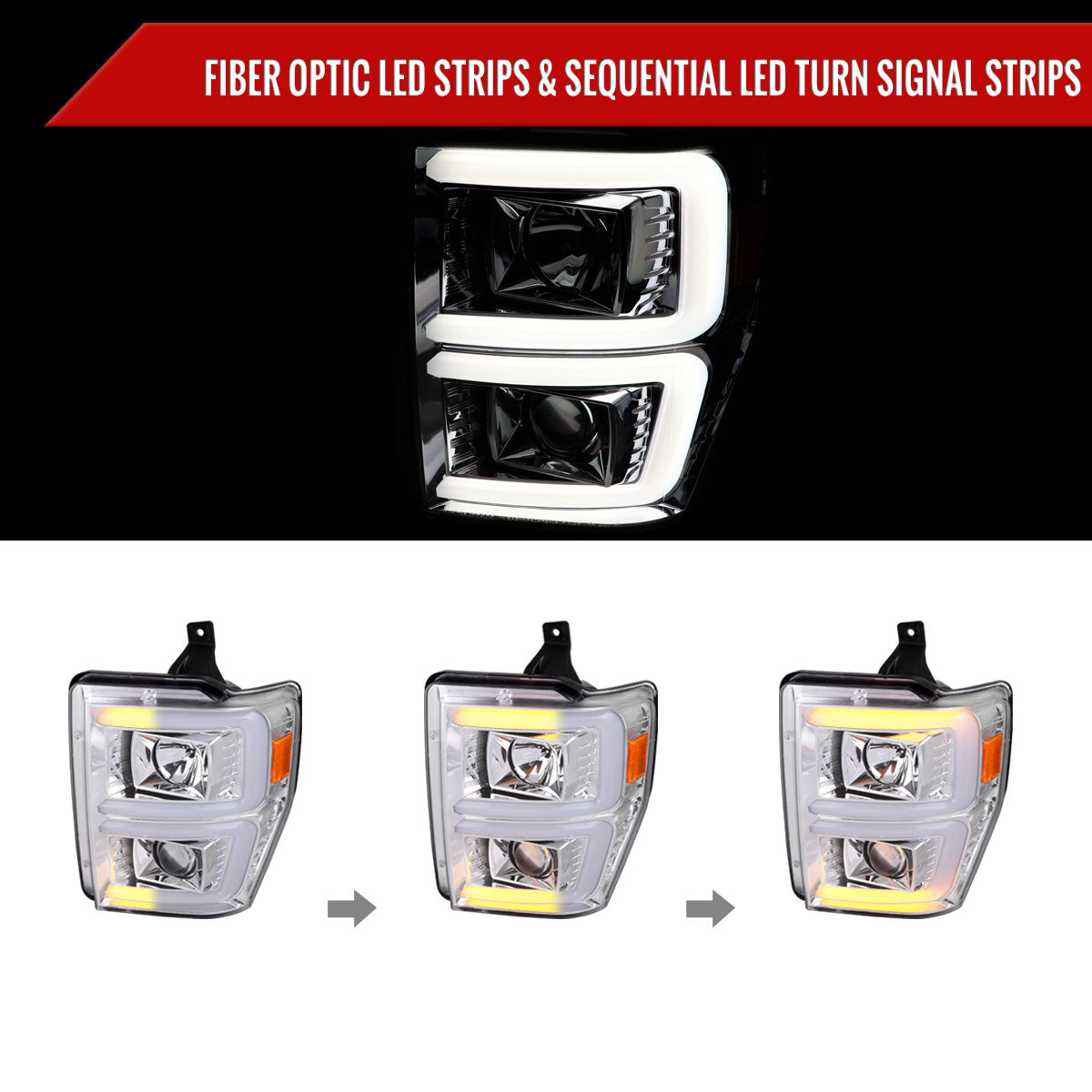 2008-2010 Ford F-250/F-350/F-450/F-550 LED Sequential Turn Signal Bar Projector Headlights (Chrome Housing/Clear Lens)