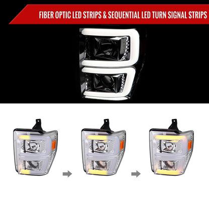 2008-2010 Ford F-250/F-350/F-450/F-550 LED Sequential Turn Signal Bar Projector Headlights (Chrome Housing/Clear Lens)