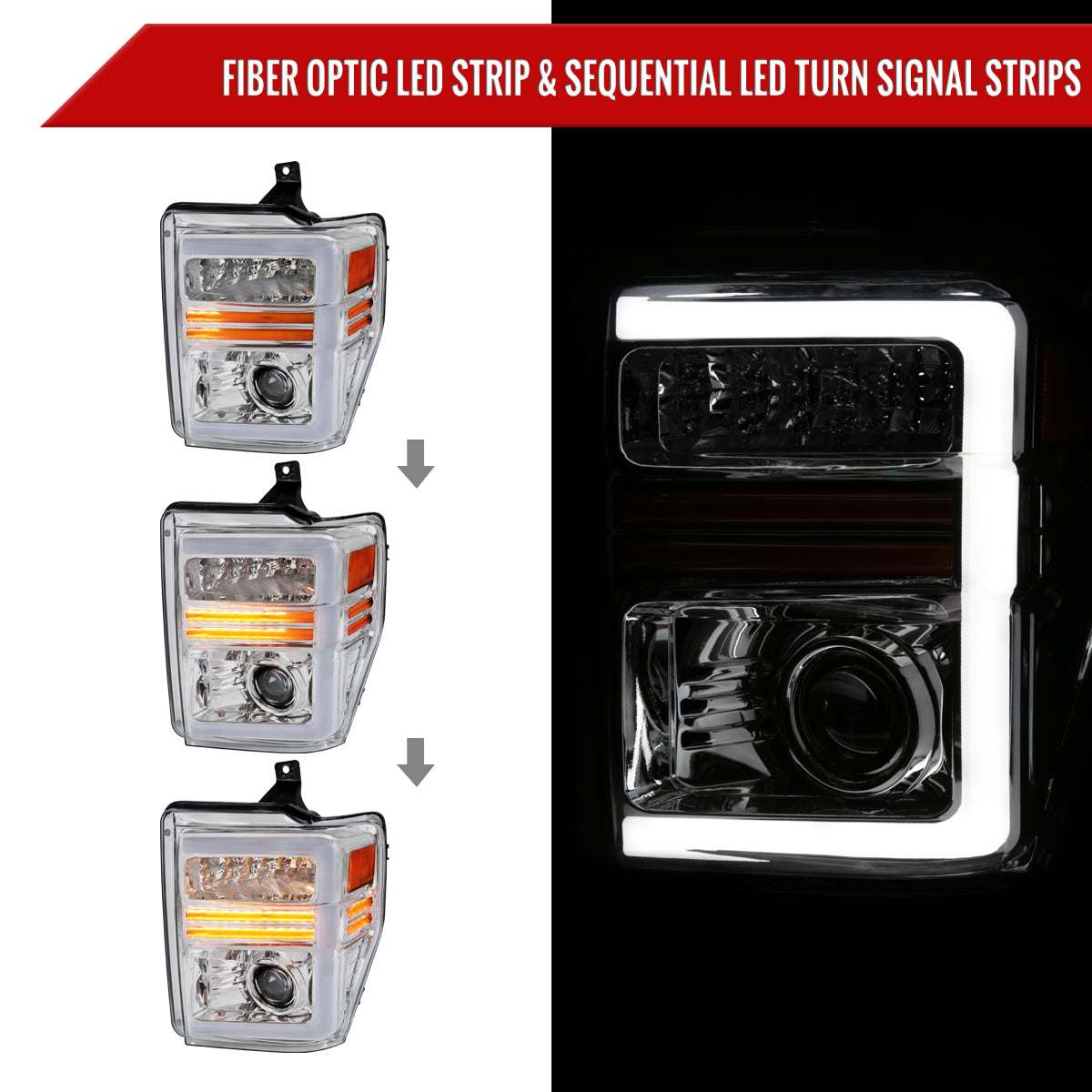 2008-2010 Ford F-250/F-350/F-450/F-550 Super Duty Projector Headlights w/ LED Sequential Turn Signal (Chrome Housing/Clear Lens)
