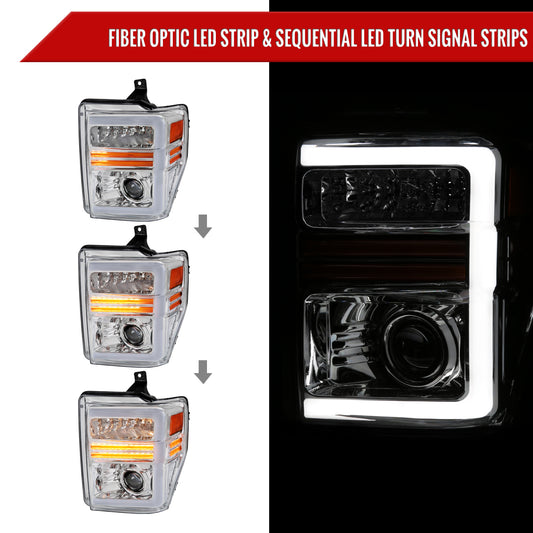 2008-2010 Ford F-250/F-350/F-450/F-550 Super Duty Projector Headlights w/ LED Sequential Turn Signal (Chrome Housing/Clear Lens)