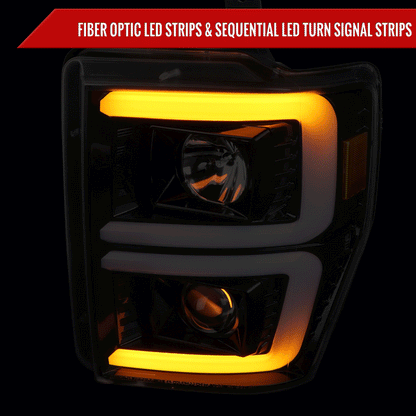2008-2010 Ford F-250/F-350/F-450/F-550 LED Sequential Turn Signal Bar Projector Headlights (Jet Black Housing/Clear Lens)