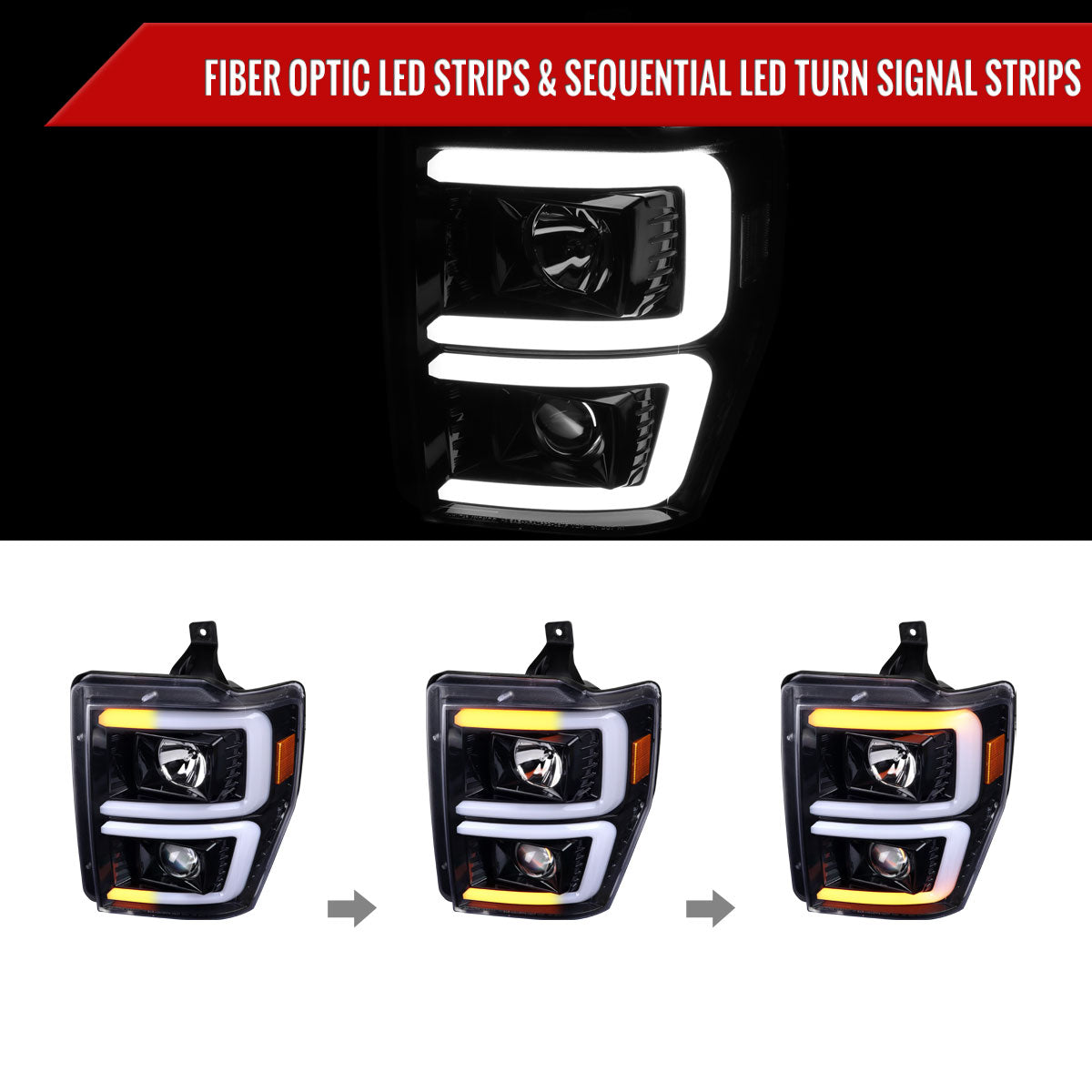 2008-2010 Ford F-250/F-350/F-450/F-550 LED Sequential Turn Signal Bar Projector Headlights (Jet Black Housing/Clear Lens)
