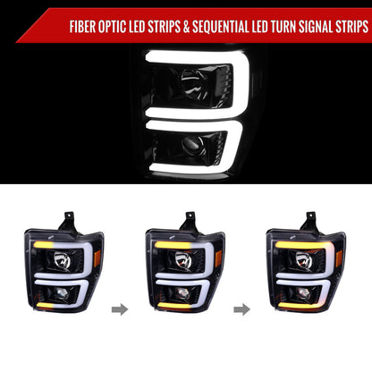 2008-2010 Ford F-250/F-350/F-450/F-550 LED Sequential Turn Signal Bar Projector Headlights (Jet Black Housing/Clear Lens)