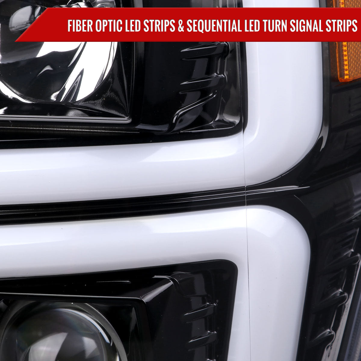 2008-2010 Ford F-250/F-350/F-450/F-550 LED Sequential Turn Signal Bar Projector Headlights (Jet Black Housing/Clear Lens)