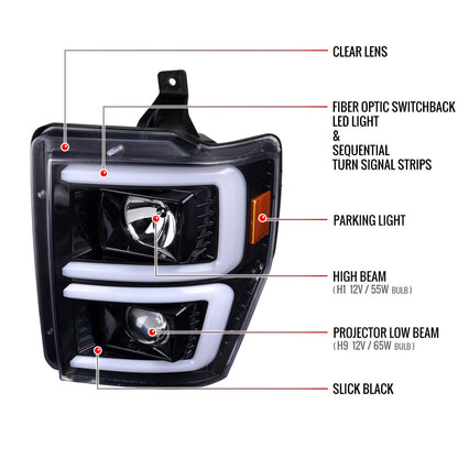 2008-2010 Ford F-250/F-350/F-450/F-550 LED Sequential Turn Signal Bar Projector Headlights (Jet Black Housing/Clear Lens)