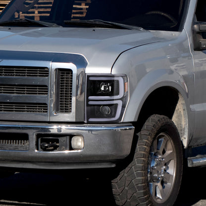 2008-2010 Ford F-250/F-350/F-450/F-550 LED Sequential Turn Signal Bar Projector Headlights (Jet Black Housing/Clear Lens)