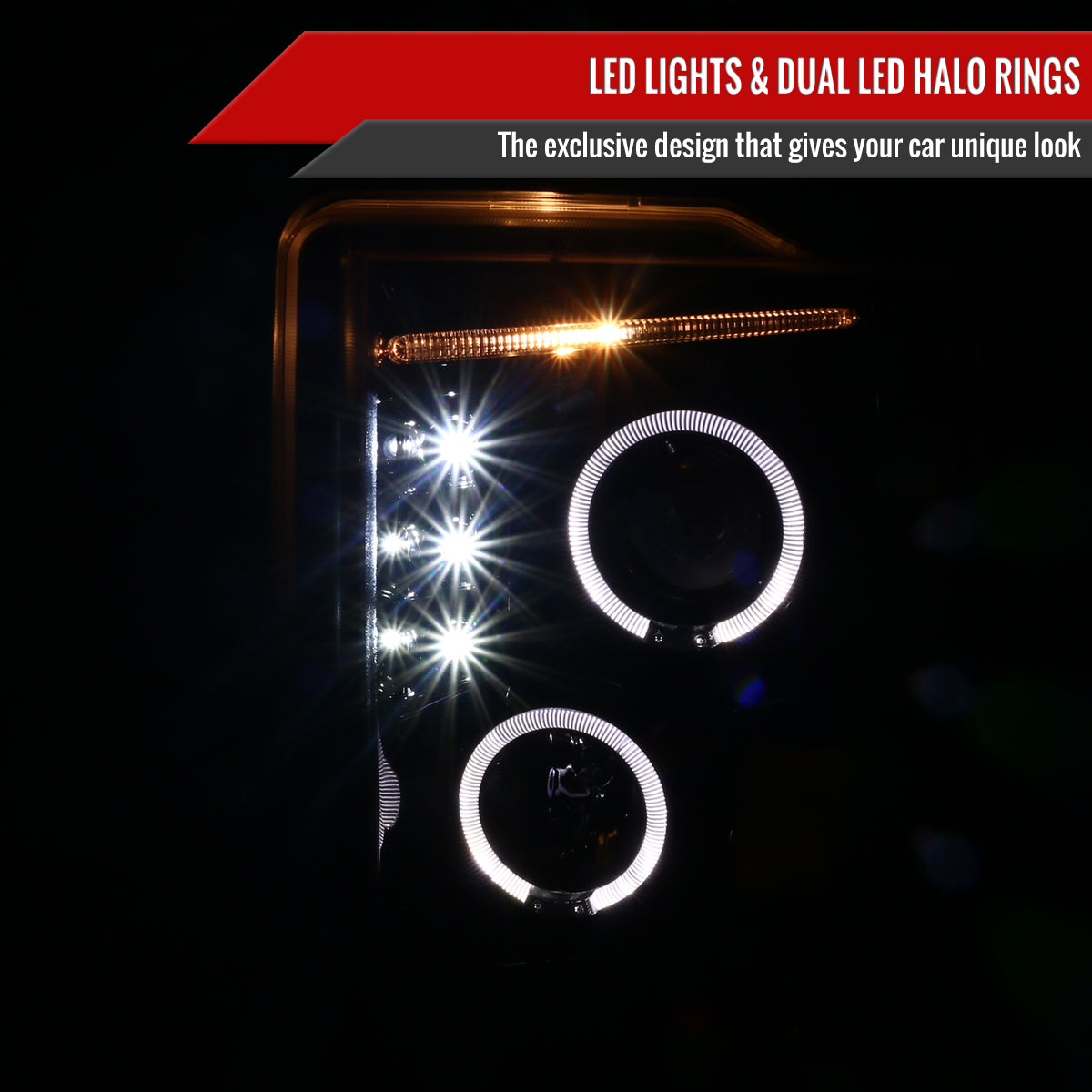 2008-2010 Ford F-250 F-350 F-450 SMD Dual Halo Projector Headlights (Jet Black Housing/Clear Lens)