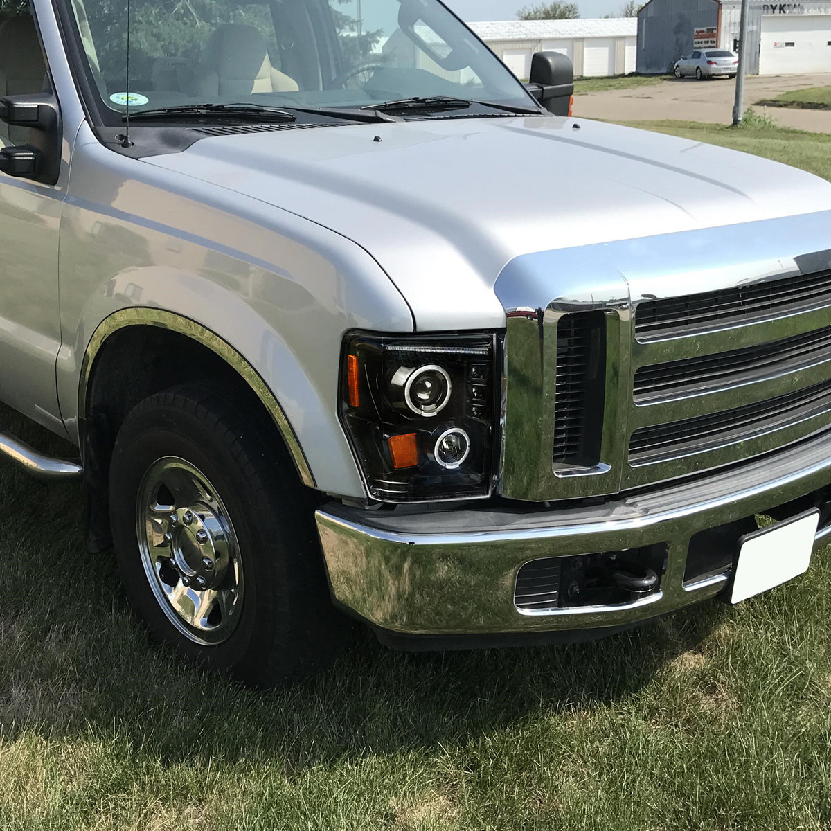2008-2010 Ford F-250 F-350 F-450 SMD Dual Halo Projector Headlights (Jet Black Housing/Clear Lens)