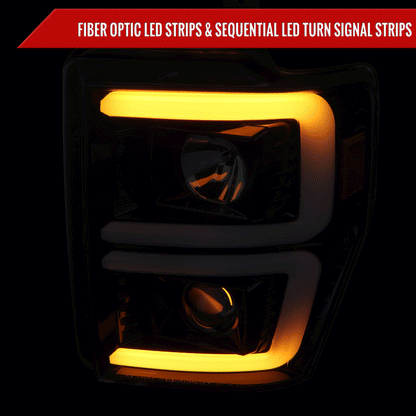 2008-2010 Ford F-250/F-350/F-450/F-550 LED Sequential Turn Signal Bar Projector Headlights (Glossy Black Housing/Smoked Lens)