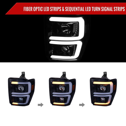 2008-2010 Ford F-250/F-350/F-450/F-550 LED Sequential Turn Signal Bar Projector Headlights (Glossy Black Housing/Smoked Lens)