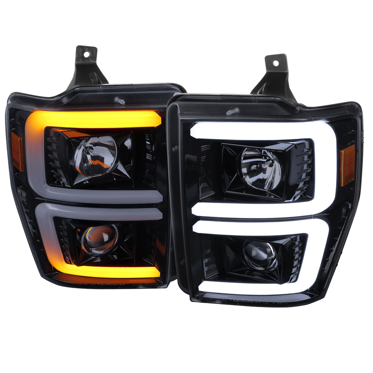2008-2010 Ford F-250/F-350/F-450/F-550 LED Sequential Turn Signal Bar Projector Headlights (Glossy Black Housing/Smoked Lens)