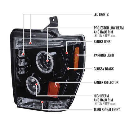 2008-2010 Ford F-250 F-350 F-450 Dual Halo Projector Headlights (Glossy Black Housing/Smoked Lens)