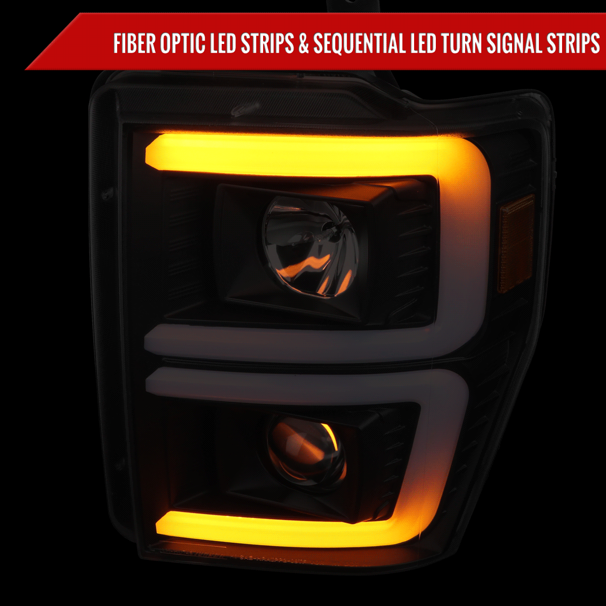 2008-2010 Ford F-250/F-350/F-450/F-550 LED Sequential Turn Signal Bar Projector Headlights (Matte Black Housing/Clear Lens)