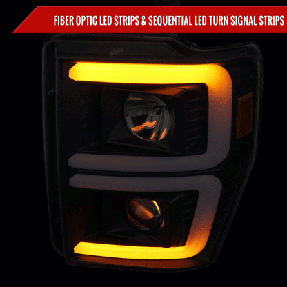 2008-2010 Ford F-250/F-350/F-450/F-550 LED Sequential Turn Signal Bar Projector Headlights (Matte Black Housing/Clear Lens)