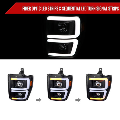 2008-2010 Ford F-250/F-350/F-450/F-550 LED Sequential Turn Signal Bar Projector Headlights (Matte Black Housing/Clear Lens)