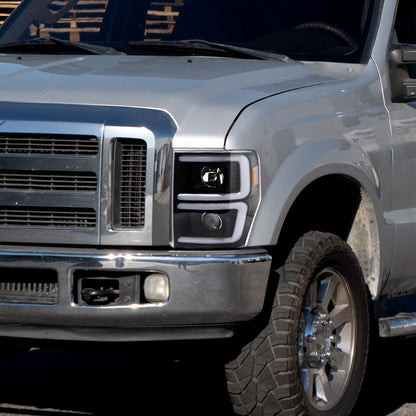 2008-2010 Ford F-250/F-350/F-450/F-550 LED Sequential Turn Signal Bar Projector Headlights (Matte Black Housing/Clear Lens)