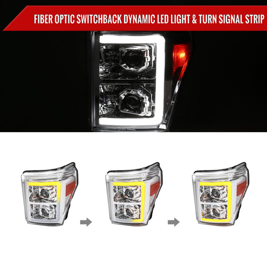 2011-2016 Ford F-250 F-350 F-450 F-550 Switchback Sequential LED C-Bar Projector Headlights (Chrome Housing/Clear Lens)