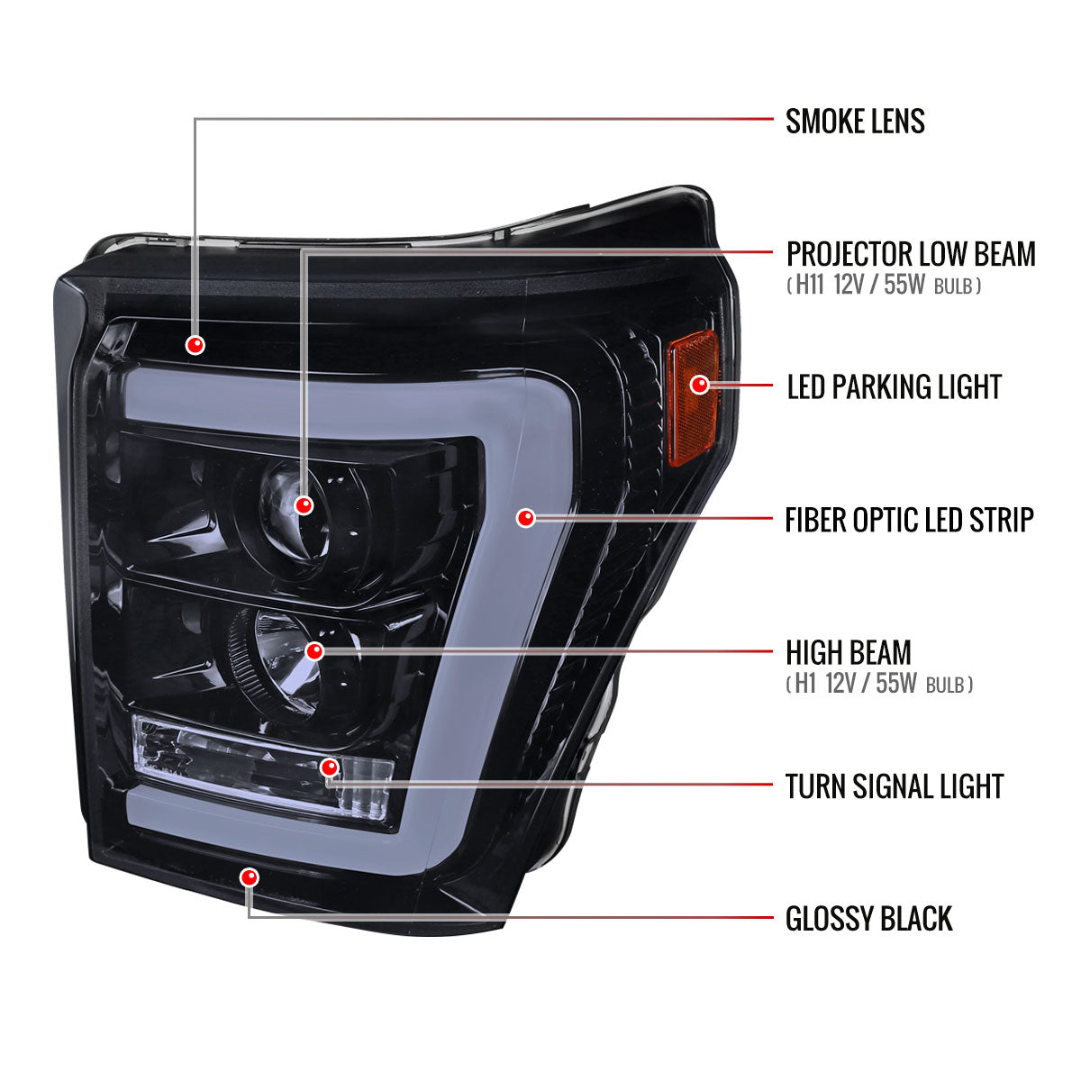 2011-2016 F-250/F-350/F-450/F-550 LED C-Bar Projector Headlights (Glossy Black Housing/Smoked Lens)