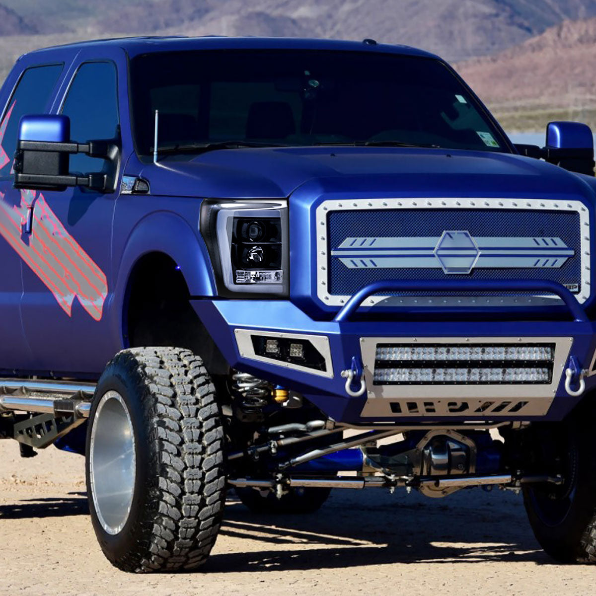 2011-2016 F-250/F-350/F-450/F-550 LED C-Bar Projector Headlights (Glossy Black Housing/Smoked Lens)