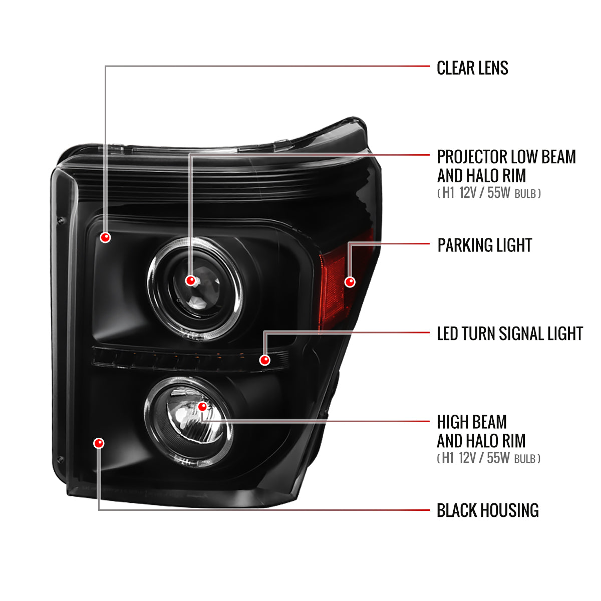 2011-2016 F-250 F-350 F-450 F-550 Dual Halo Projector Headlights w/ LED Turn Signal Lights (Matte Black Housing/Clear Lens)