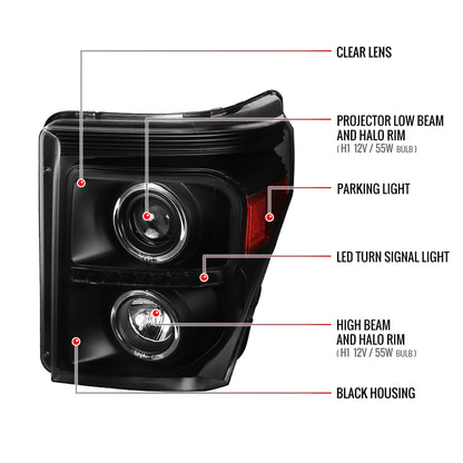 2011-2016 F-250 F-350 F-450 F-550 Dual Halo Projector Headlights w/ LED Turn Signal Lights (Matte Black Housing/Clear Lens)