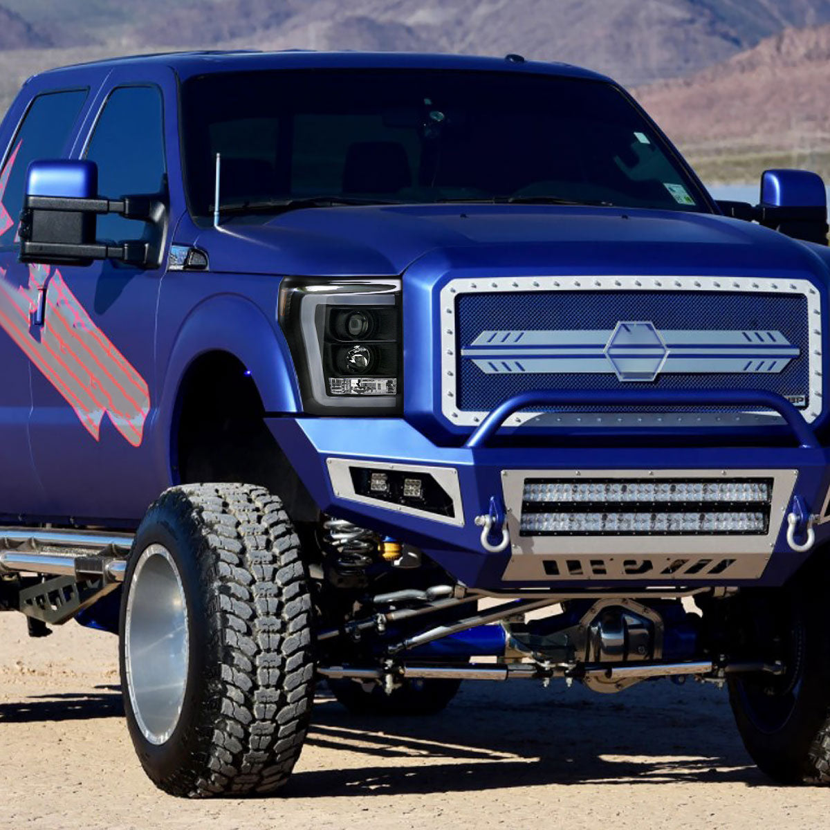 2011-2016 F-250/F-350/F-450/F-550 Super Duty LED C-Bar Projector Headlights (Matte Black Housing/Clear Lens)