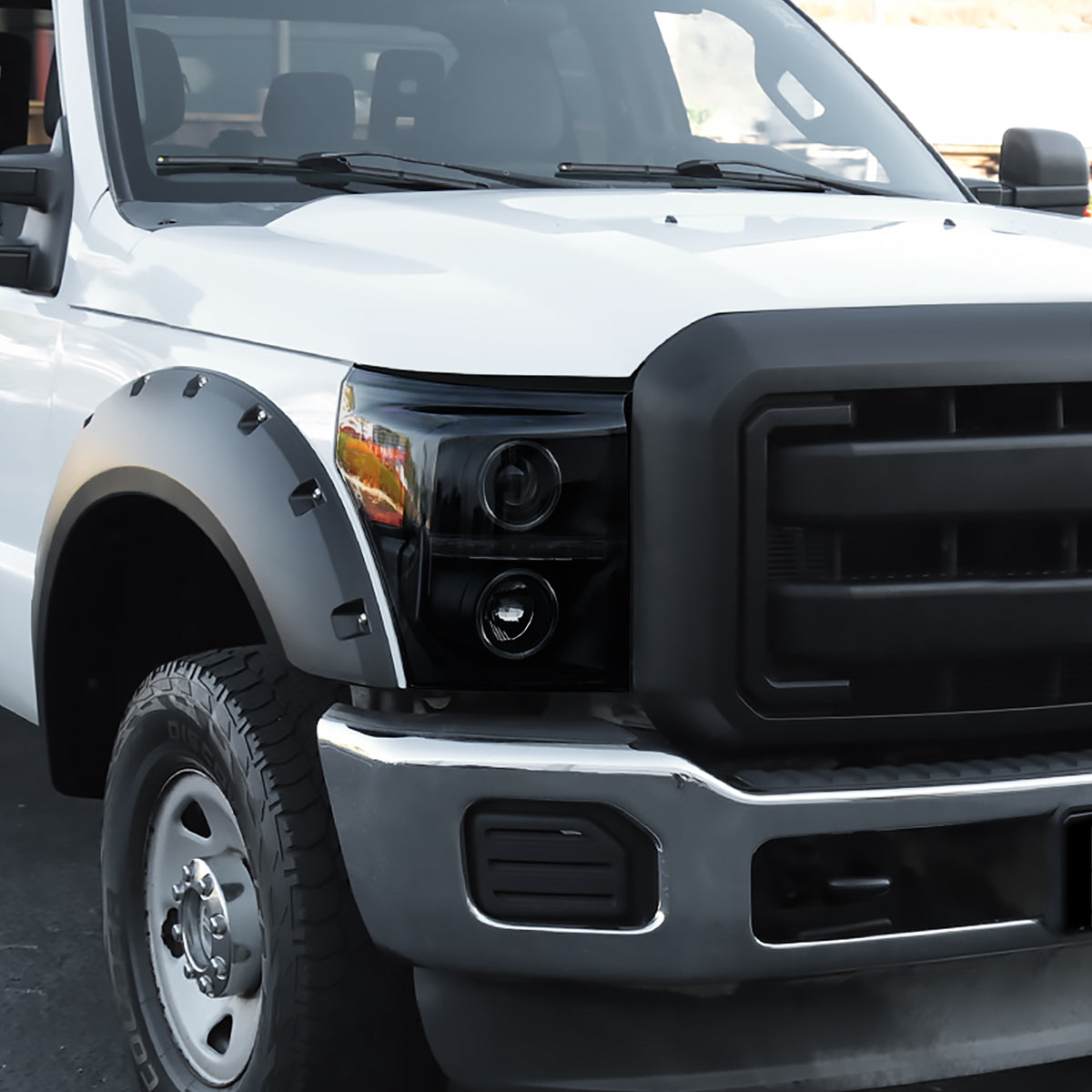 2011-2016 F-250 F-350 F-450 F-550 Dual Halo Projector Headlights w/ LED Turn Signal Lights (Black Housing/Smoked Lens)