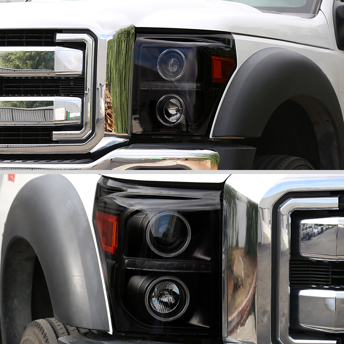 2011-2016 F-250 F-350 F-450 F-550 Dual Halo Projector Headlights w/ LED Turn Signal Lights (Black Housing/Smoked Lens)