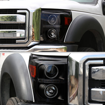 2011-2016 F-250 F-350 F-450 F-550 Dual Halo Projector Headlights w/ LED Turn Signal Lights (Black Housing/Smoked Lens)