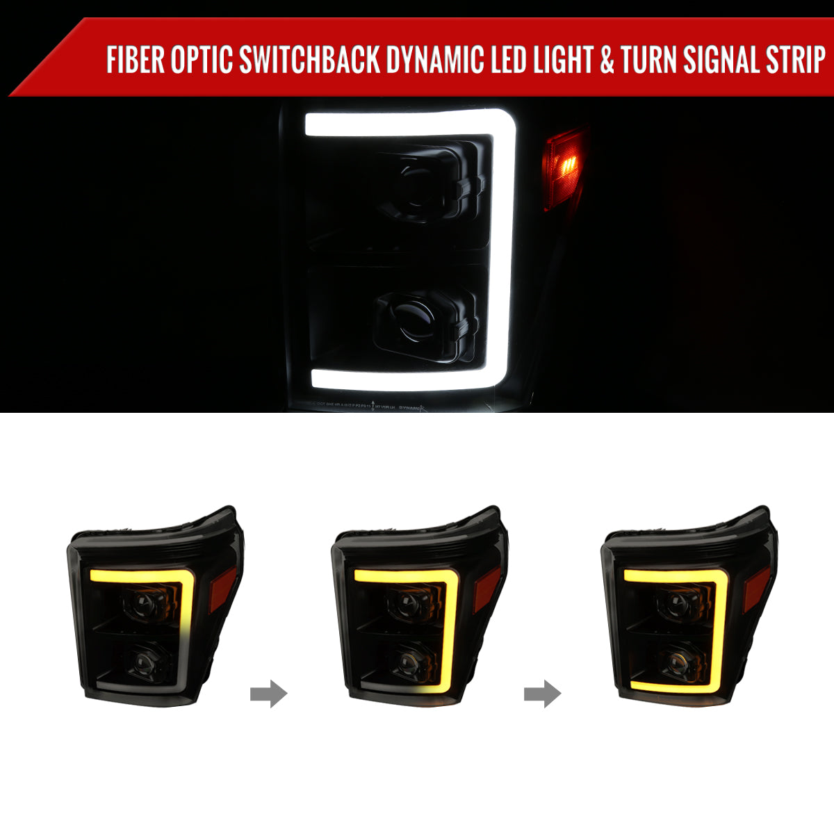 2011-2016 Ford F-250 F-350 F-450 F-550 Switchback Sequential LED C-Bar Projector Headlights (Black Housing/Smoked Lens)