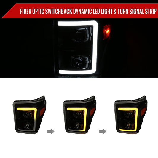 2011-2016 Ford F-250 F-350 F-450 F-550 Switchback Sequential LED C-Bar Projector Headlights (Black Housing/Smoked Lens)