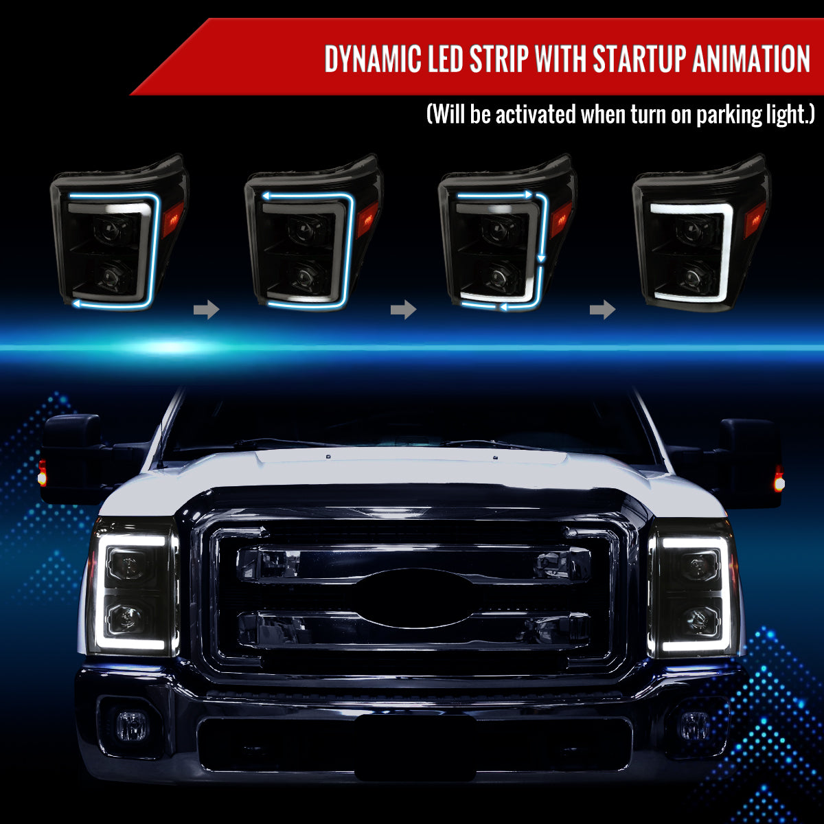 2011-2016 Ford F-250 F-350 F-450 F-550 Switchback Sequential LED C-Bar Projector Headlights (Black Housing/Smoked Lens)