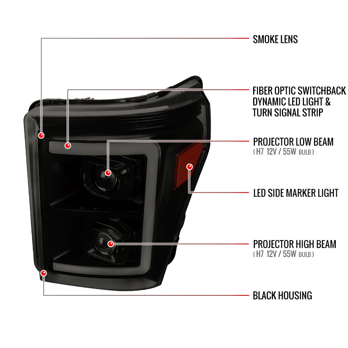 2011-2016 Ford F-250 F-350 F-450 F-550 Switchback Sequential LED C-Bar Projector Headlights (Black Housing/Smoked Lens)