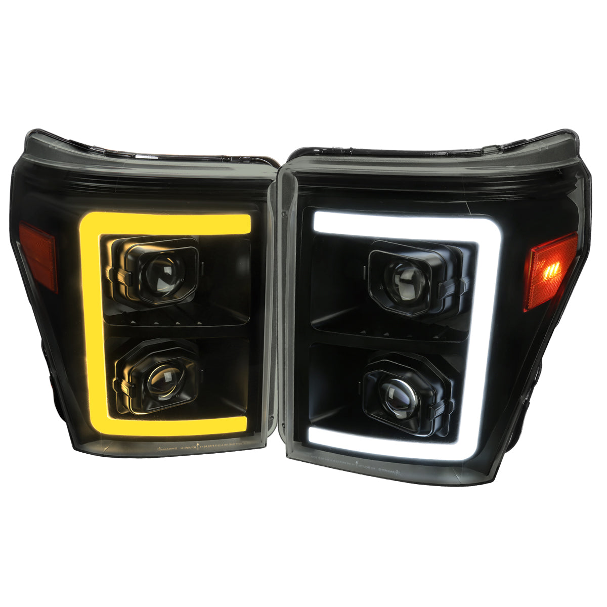 2011-2016 Ford F-250 F-350 F-450 F-550 Switchback Sequential LED C-Bar Projector Headlights (Black Housing/Smoked Lens)