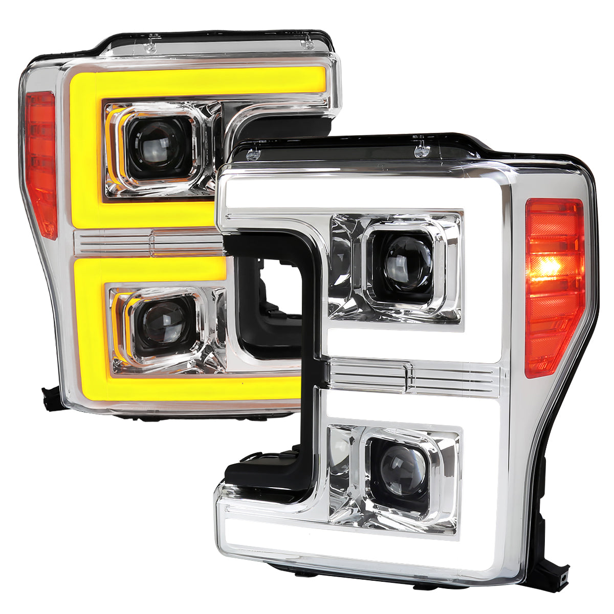 2017-2019 Ford F-250 F-350 F-450 F-550 LED C-Bar Projector Headlights w/ Switchback Sequential Turn Signals (Chrome Housing/Clear Lens)