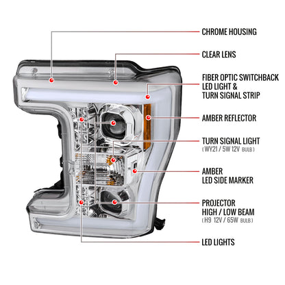 2017-2019 Ford F-250 F-350 F-450 F-550 Switchback LED C-Bar Projector Headlights (Chrome Housing/Clear Lens)