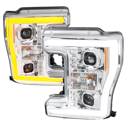 2017-2019 Ford F-250 F-350 F-450 F-550 Switchback LED C-Bar Projector Headlights (Chrome Housing/Clear Lens)