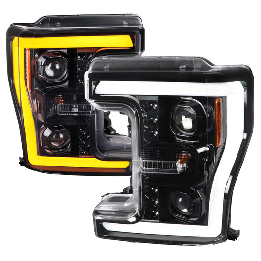 2017-2019 Ford F-250 F-350 F-450 F-550 Switchback LED C-Bar Projector Headlights (Jet Black Housing/Clear Lens)