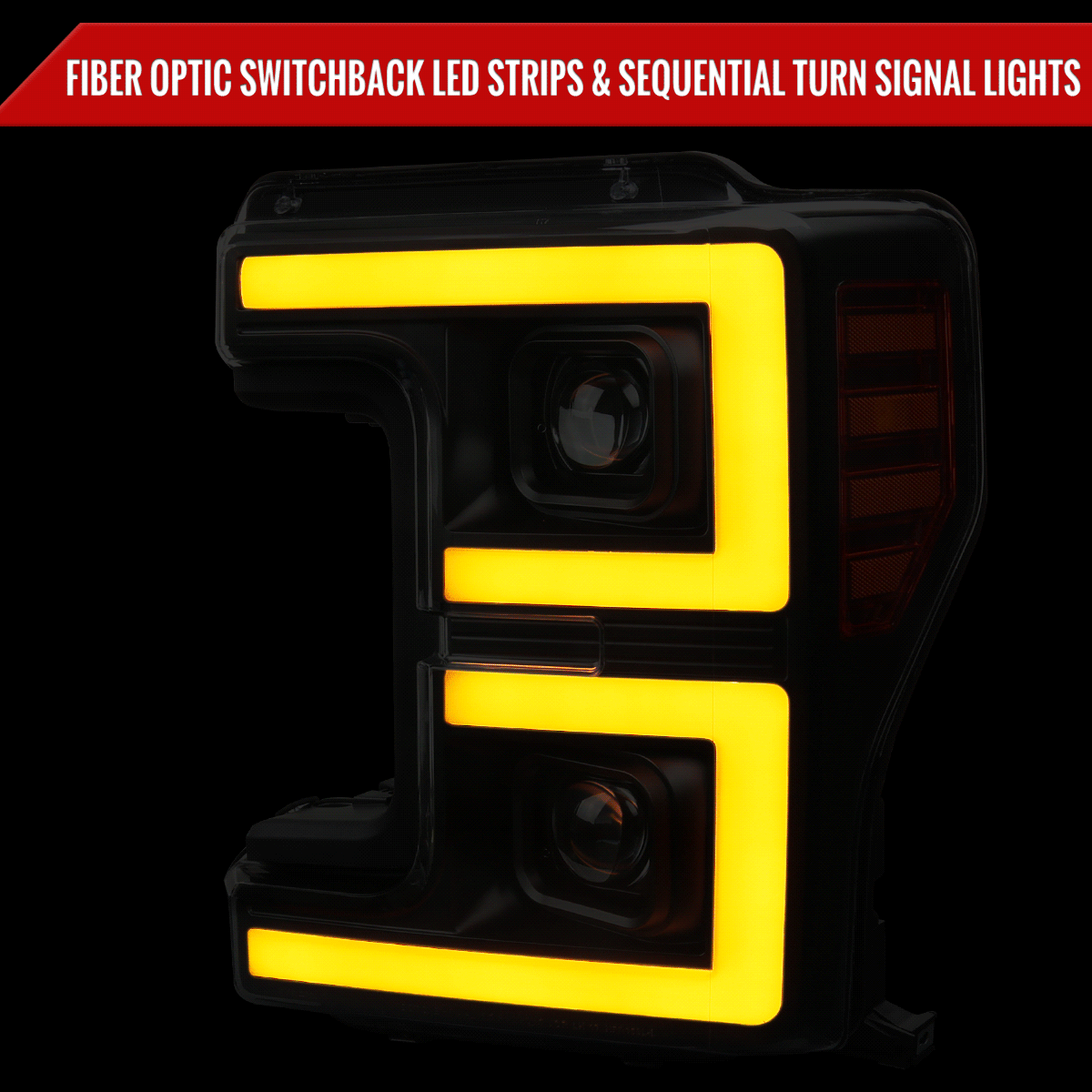 2017-2019 Ford F-250 F-350 F-450 F-550 LED C-Bar Projector Headlights w/ Switchback Sequential Turn Signals (Black Housing/Clear Lens)