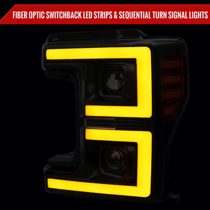 2017-2019 Ford F-250 F-350 F-450 F-550 LED C-Bar Projector Headlights w/ Switchback Sequential Turn Signals (Black Housing/Clear Lens)