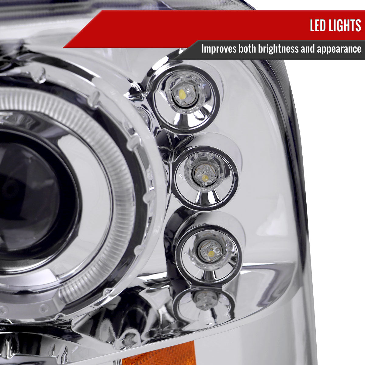 1999-2004 Ford Excursion F-250 F-350 F-450 F-550 Dual Halo Projector Headlights (Chrome Housing/Clear Lens)