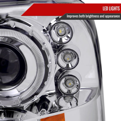 1999-2004 Ford Excursion F-250 F-350 F-450 F-550 Dual Halo Projector Headlights (Chrome Housing/Clear Lens)