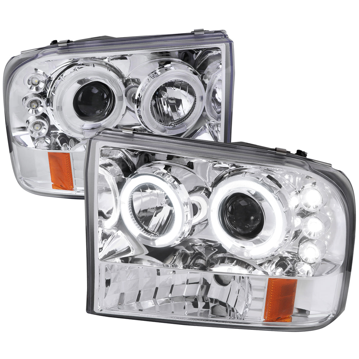 1999-2004 Ford Excursion F-250 F-350 F-450 F-550 Dual Halo Projector Headlights (Chrome Housing/Clear Lens)