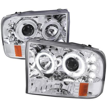 1999-2004 Ford Excursion F-250 F-350 F-450 F-550 Dual Halo Projector Headlights (Chrome Housing/Clear Lens)