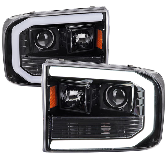1999-2004 Ford F-250/F-350/F-450/F-550 /2000-2004 Ford Excursion LED Bar Projector Headlights (Jet Black Housing/Clear Lens)