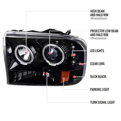 1999-2004 Ford F-250/F-350/F-450/F-550/Excursion Dual Halo Projector Headlights (Jet Black Housing/Clear Lens)