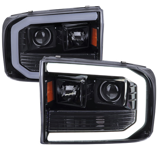 1999-2004 Ford F-250/F-350/F-450/F-550 /2000-2004 Ford Excursion LED Bar Projector Headlights (Glossy Black Housing/Light Smoked Lens)